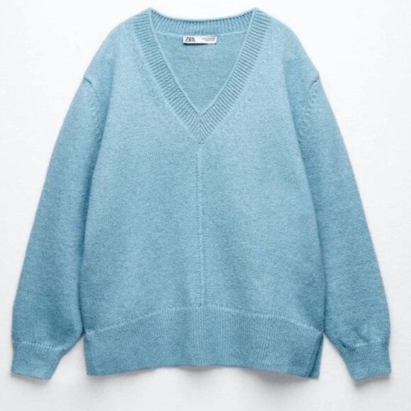 Zara Light Blue V Neck Wool Blend Side Slit Cozy Oversized Slouchy Sweater - Picture 3 of 12